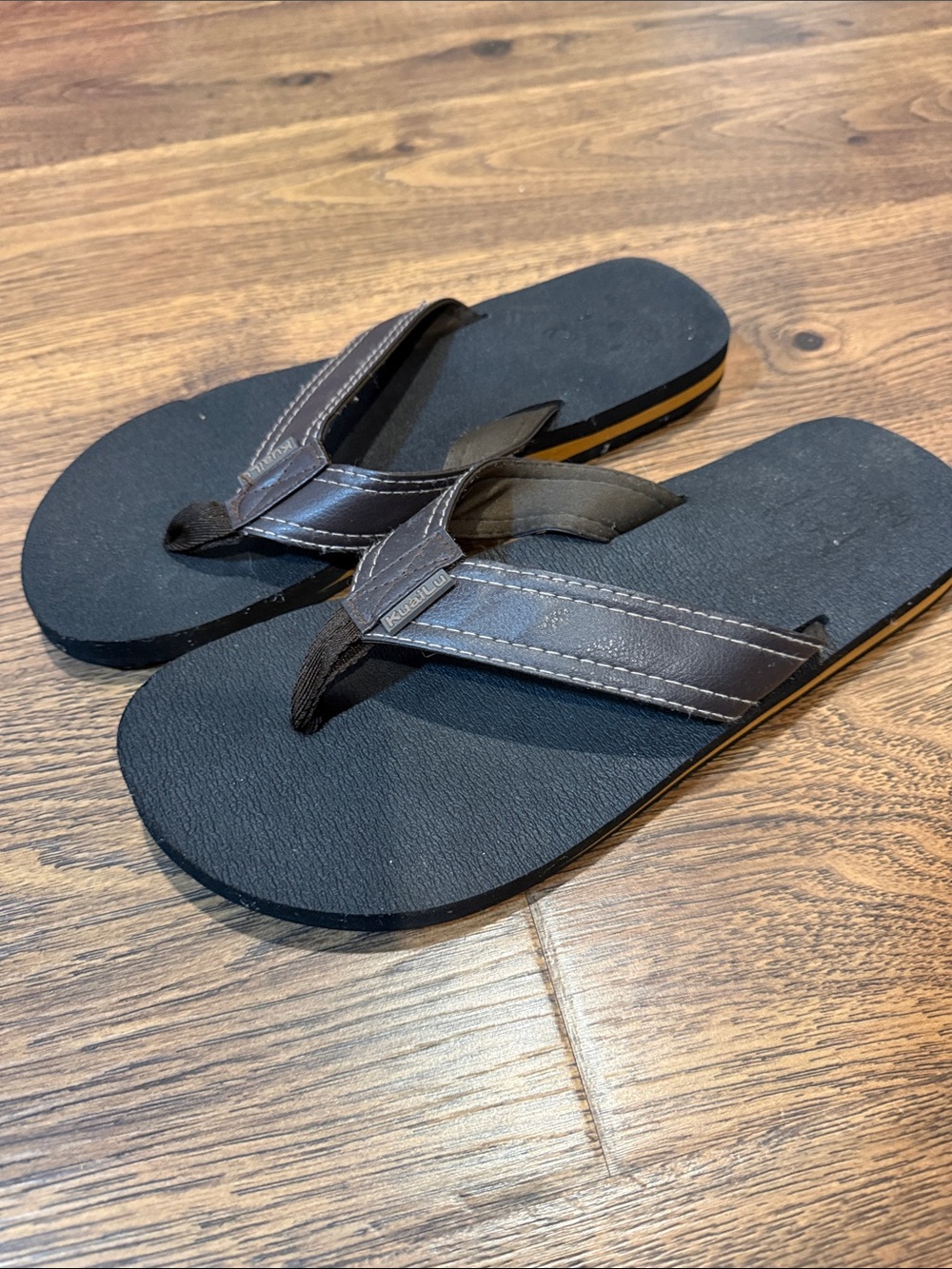 Men's Black Flip Flops with Brown Straps